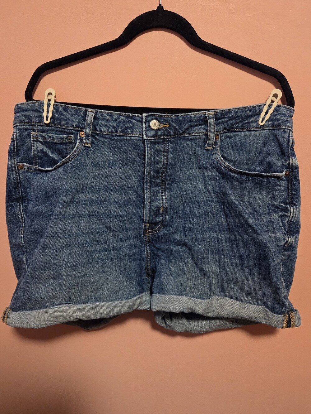 High Rise Blue Denim Roll-Cuff Shorts